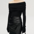 [Special Offers] Gentle style one shoulder Yangtze yarn knitted sweater for women in autumn, slim fit, high-end feeling, pleated off shoulder top
