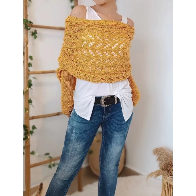 [Special Offers] Autumn and winter Meilun shawl knitted with a high-end feel, hollowed out and elongated double sleeves, draped over women's shoulders
