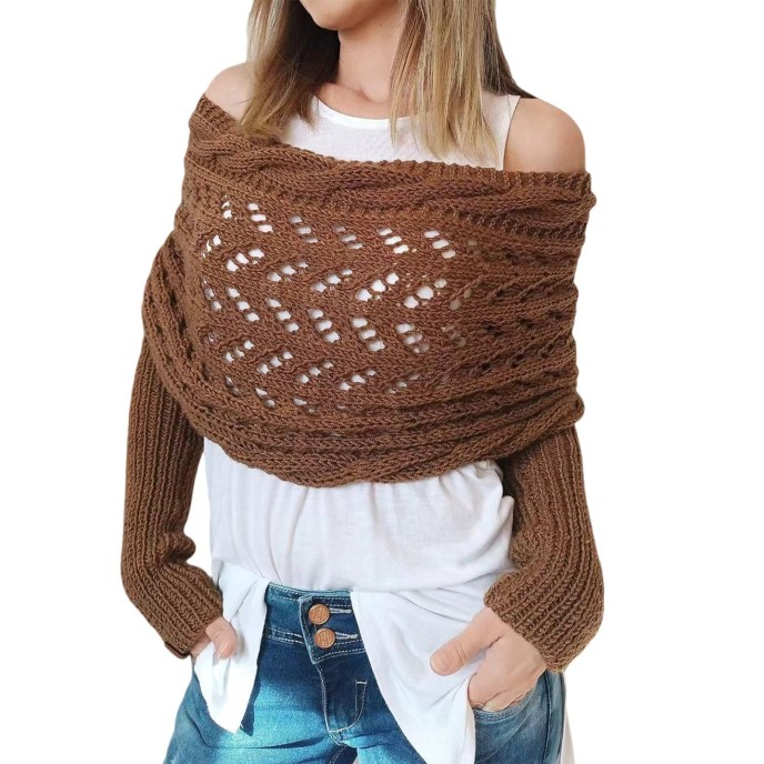 [Special Offers] Autumn and winter Meilun shawl knitted with a high-end feel, hollowed out and elongated double sleeves, draped over women's shoulders