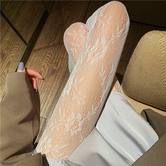 Spider web hollowed out pure white stockings sexy black silk