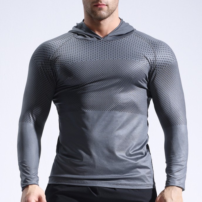 Running, bodybuilding, sweating and quick drying clothes, tight fitting long sleeved hooded fitness suit for men