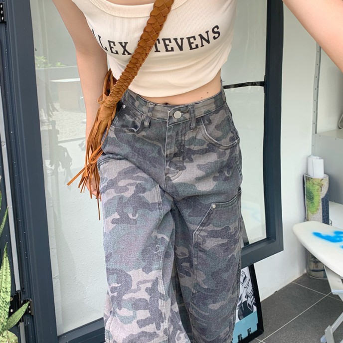 American style jeans, women's spicy girl retro hiphop camouflage workwear pants, women's summer hip-hop loose straight casual pants American style jeans, women's spicy girl retro hiphop camouflage workwear pants, women's summer hip-hop loose straight casual pants