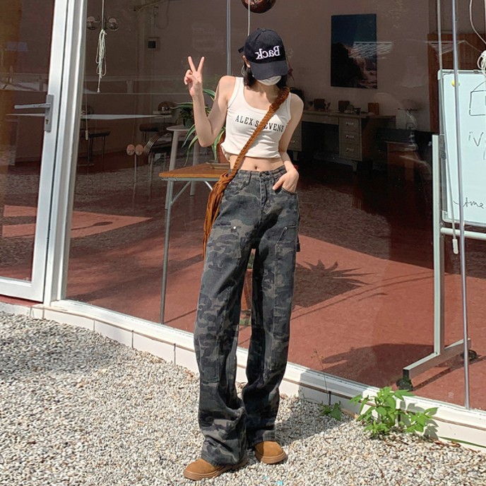 American style jeans, women's spicy girl retro hiphop camouflage workwear pants, women's summer hip-hop loose straight casual pants American style jeans, women's spicy girl retro hiphop camouflage workwear pants, women's summer hip-hop loose straight casual pants