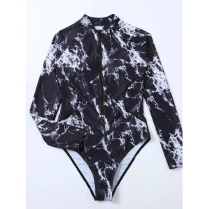 Black Print One Piece Swimsuit Zipper Long Sleeve Swimwear Sports