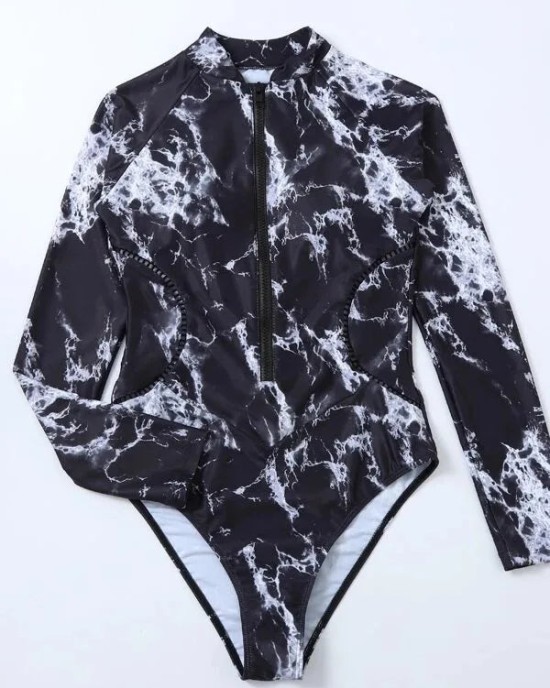 Black Print One Piece Swimsuit Zipper Long Sleeve Swimwear Sports