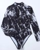 Black Print One Piece Swimsuit Zipper Long Sleeve Swimwear Sports