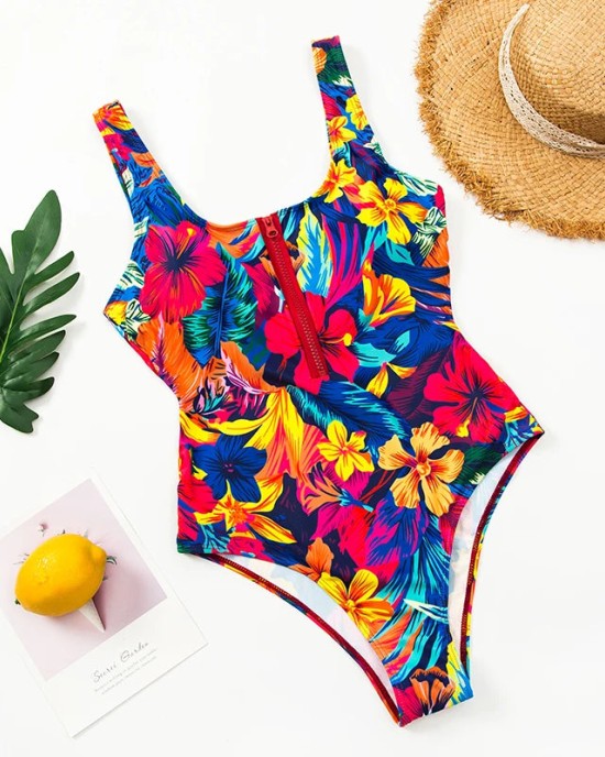 Printed Zipper Swimsuit One Piece Swimwear Floral