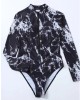 Black Print One Piece Swimsuit Zipper Long Sleeve Swimwear Sports