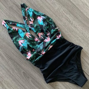 One Piece Swimsuit Female Floral Beach wear Deep V-neck Monokini