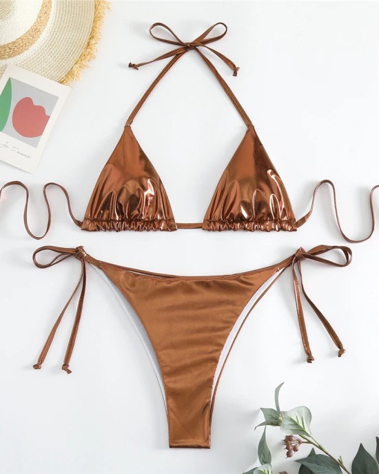 Halter Triangle Bikini Sets Solid Swimwear Side Lace Up Monokini