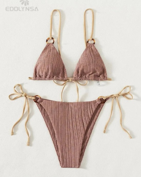 Bikini Set Plain Ring Linked Spaghetti Strap Swimwear