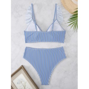 Striped Ruffle Trim Bikini High Waist Swimsuit