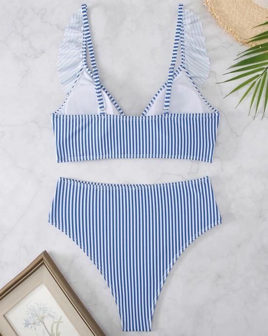 Striped Ruffle Trim Bikini High Waist Swimsuit