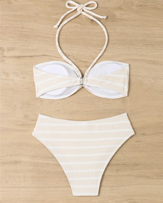 Halter String Stripe Bikini Set Padded Swimsuit