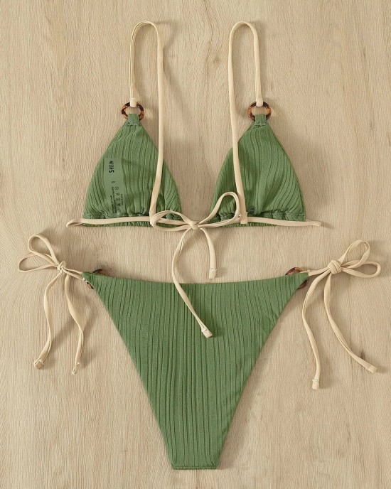 Bikini Set Plain Ring Linked Spaghetti Strap Swimwear