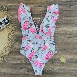 Print Ruffle One Piece Swimsuit Deep-V Swimwear