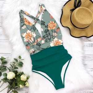 One Piece Swimsuit Female Floral Beach wear Deep V-neck Monokini