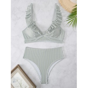 Striped Ruffle Trim Bikini High Waist Swimsuit