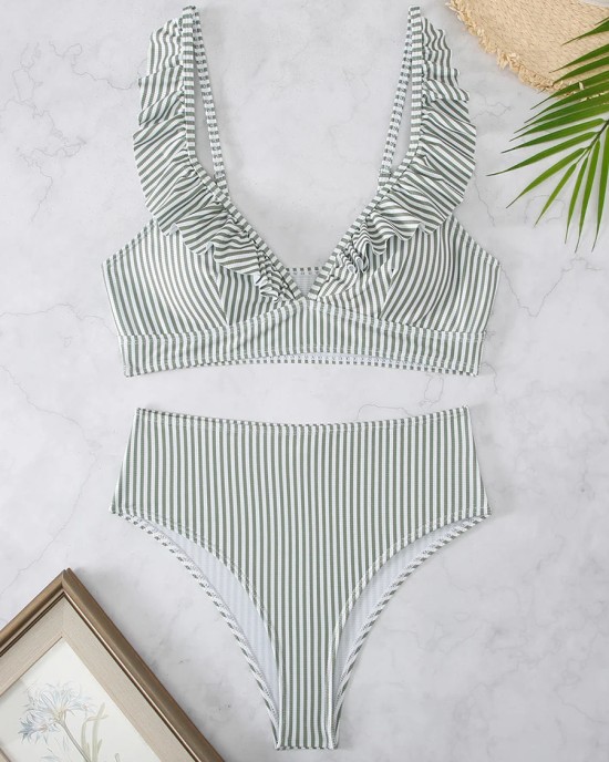 Striped Ruffle Trim Bikini High Waist Swimsuit