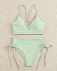 V-Neck Split Bikini Set for Women Solid Color Beach Swimwear