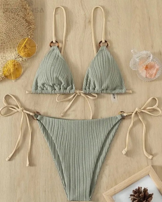 Bikini Set Plain Ring Linked Spaghetti Strap Swimwear