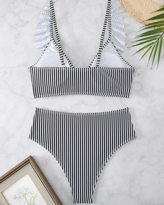 Striped Ruffle Trim Bikini High Waist Swimsuit