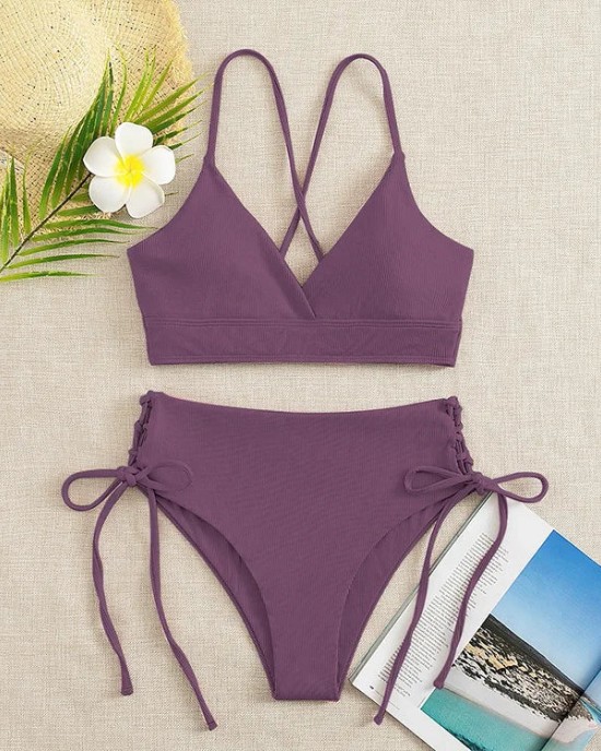 V-Neck Split Bikini Set for Women Solid Color Beach Swimwear