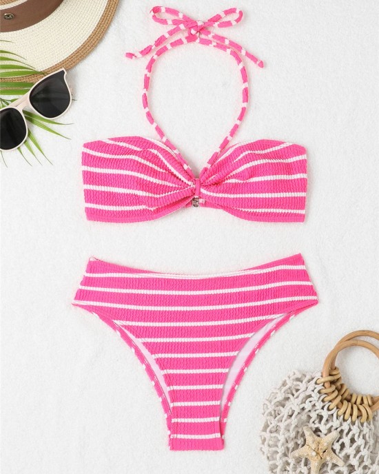 Halter String Stripe Bikini Set Padded Swimsuit