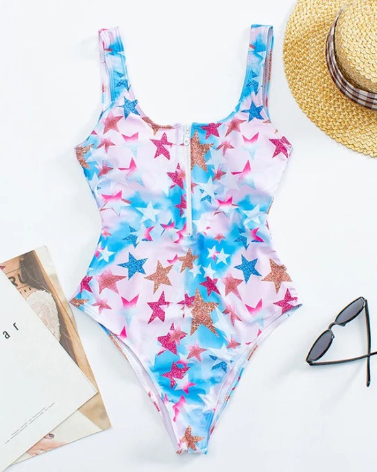 Printed Zipper Swimsuit One Piece Swimwear Floral