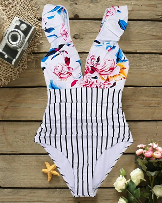 One-piece Swimsuit Women Ruffle V-neck Monokini