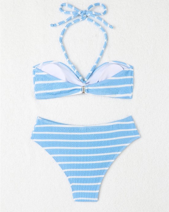 Halter String Stripe Bikini Set Padded Swimsuit