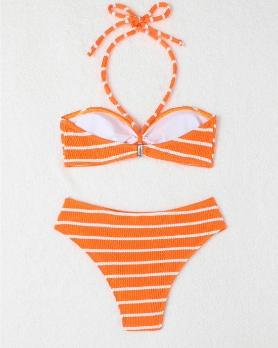 Halter String Stripe Bikini Set Padded Swimsuit