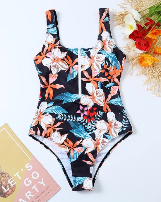 Printed Zipper Swimsuit One Piece Swimwear Floral