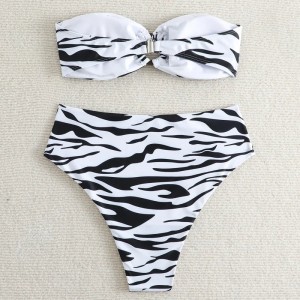 Bandeau High Waist Bikini Swimsuit Zebra Print Two Pieces