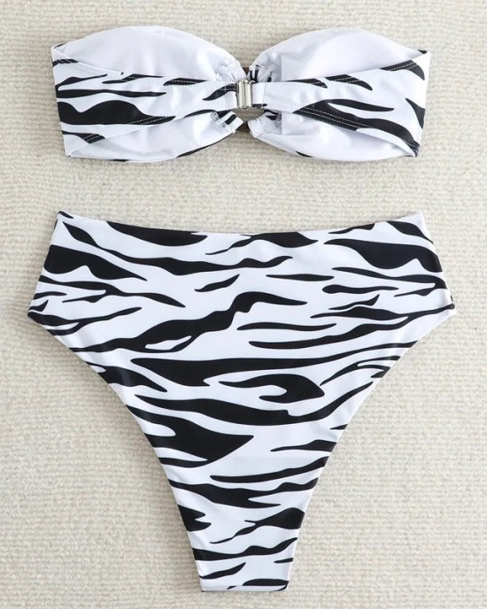 Bandeau High Waist Bikini Swimsuit Zebra Print Two Pieces