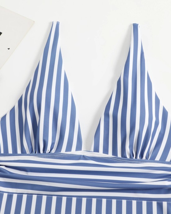 Striped One Piece Swimsuit Vintage Swimwear V-neck