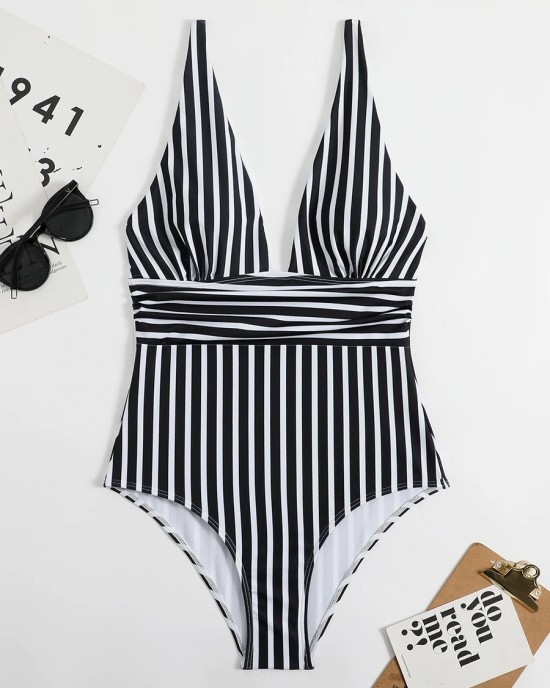 Striped One Piece Swimsuit Vintage Swimwear V-neck