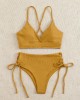 V-Neck Split Bikini Set for Women Solid Color Beach Swimwear