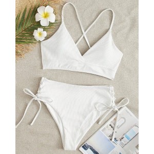 V-Neck Split Bikini Set for Women Solid Color Beach Swimwear