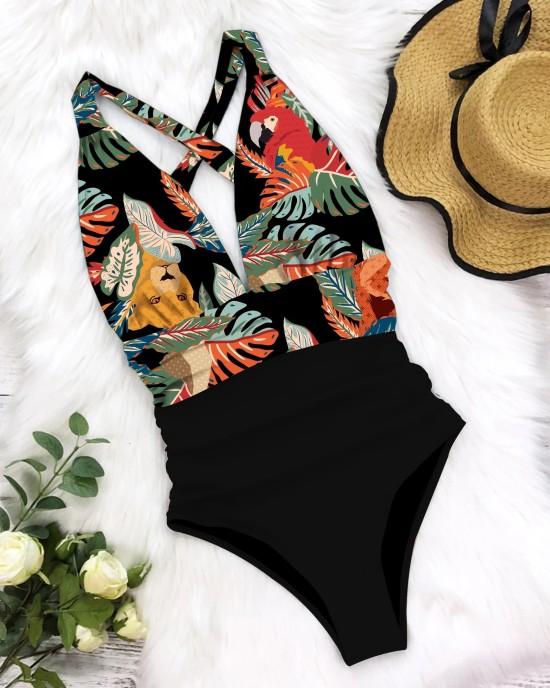 One Piece Swimsuit Female Floral Beach wear Deep V-neck Monokini