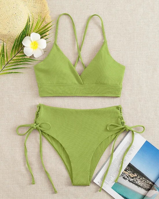 V-Neck Split Bikini Set for Women Solid Color Beach Swimwear