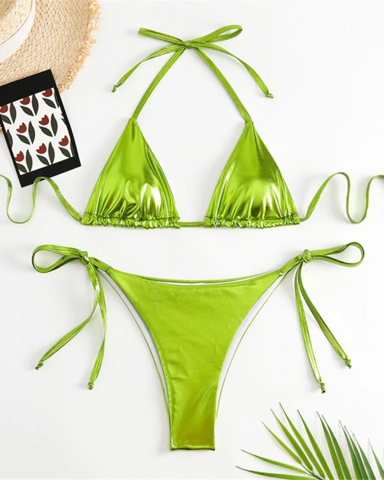 Halter Triangle Bikini Sets Solid Swimwear Side Lace Up Monokini