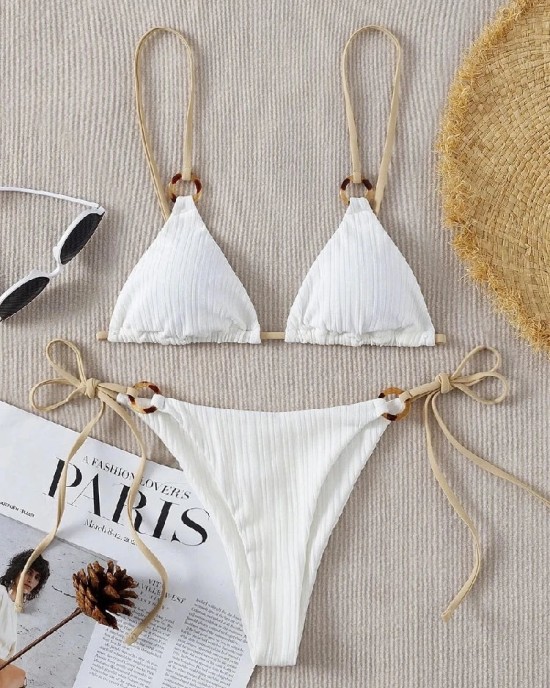 Bikini Set Plain Ring Linked Spaghetti Strap Swimwear