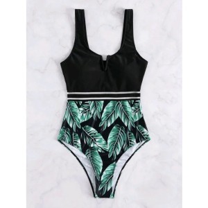 Black Print One Piece Swimsuits Swimwear Push Up