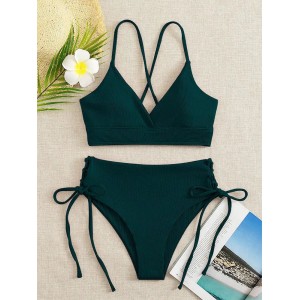 V-Neck Split Bikini Set for Women Solid Color Beach Swimwear