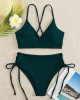 V-Neck Split Bikini Set for Women Solid Color Beach Swimwear