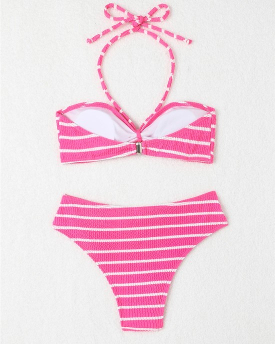 Halter String Stripe Bikini Set Padded Swimsuit