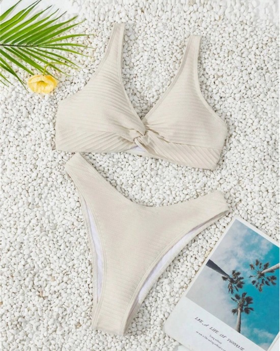 Solid Stripe Two Piece Triangle Bikini Twist Swimsuit