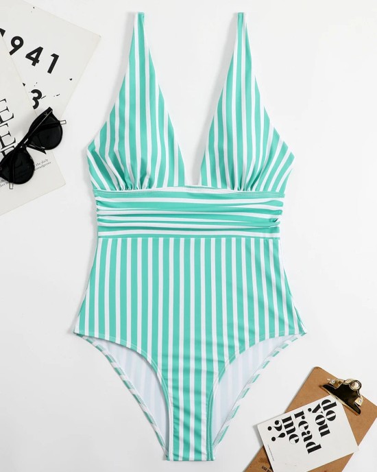 Striped One Piece Swimsuit Vintage Swimwear V-neck