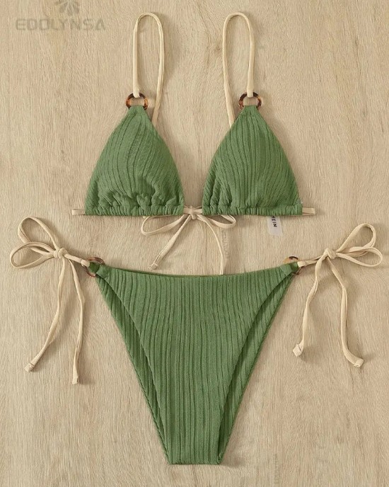 Bikini Set Plain Ring Linked Spaghetti Strap Swimwear